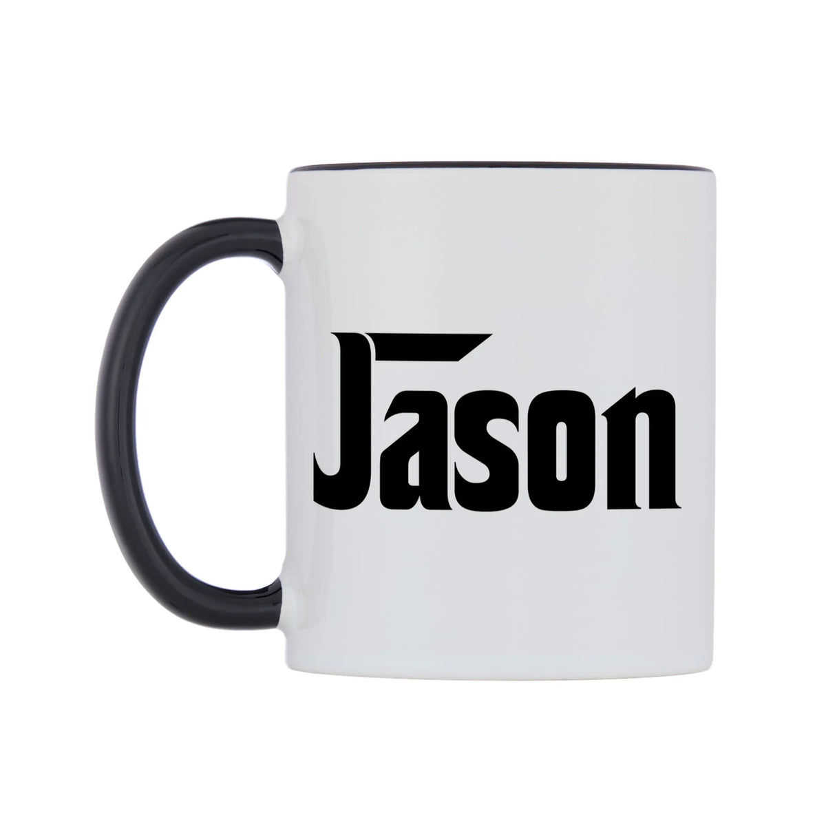 Jason - Godfather Themed Mug — white 11oz gloss mug with a black inside and handle, right side, on a white background