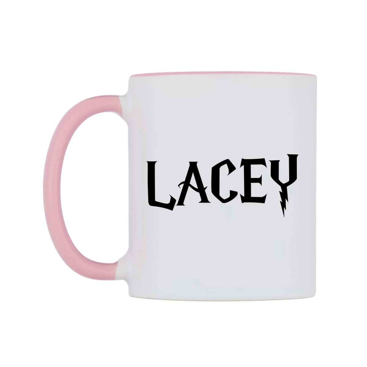 Lacey - Wizard Themed Mug — white 11oz gloss mug with a pink inside and handle, right side, on a white background