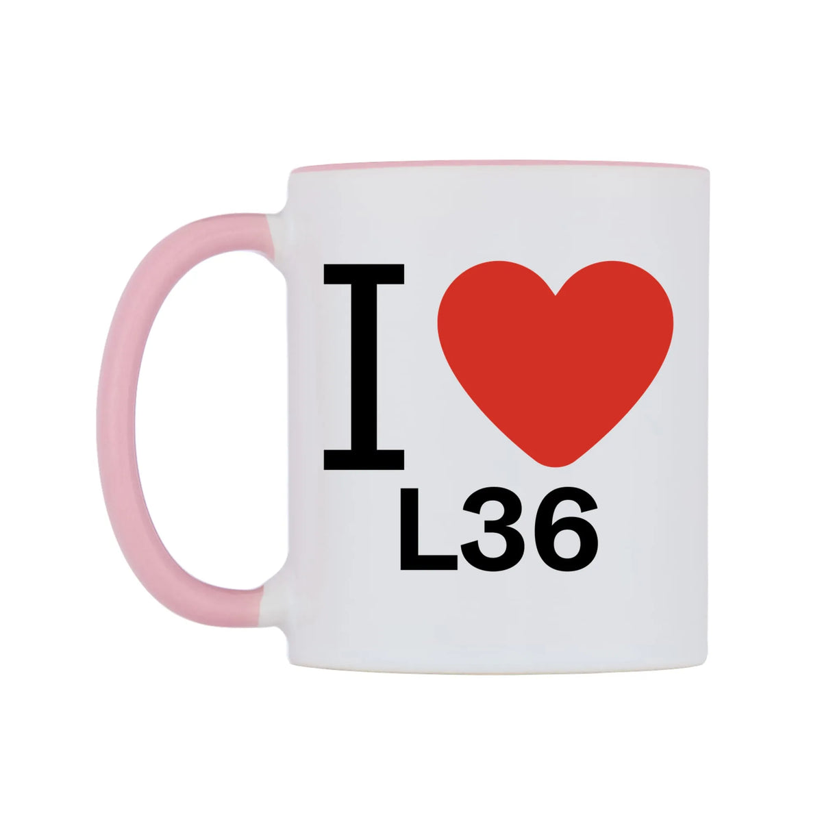 I Love L36 Mug — white 11oz gloss mug with a pink inside and handle, right side, on a white background