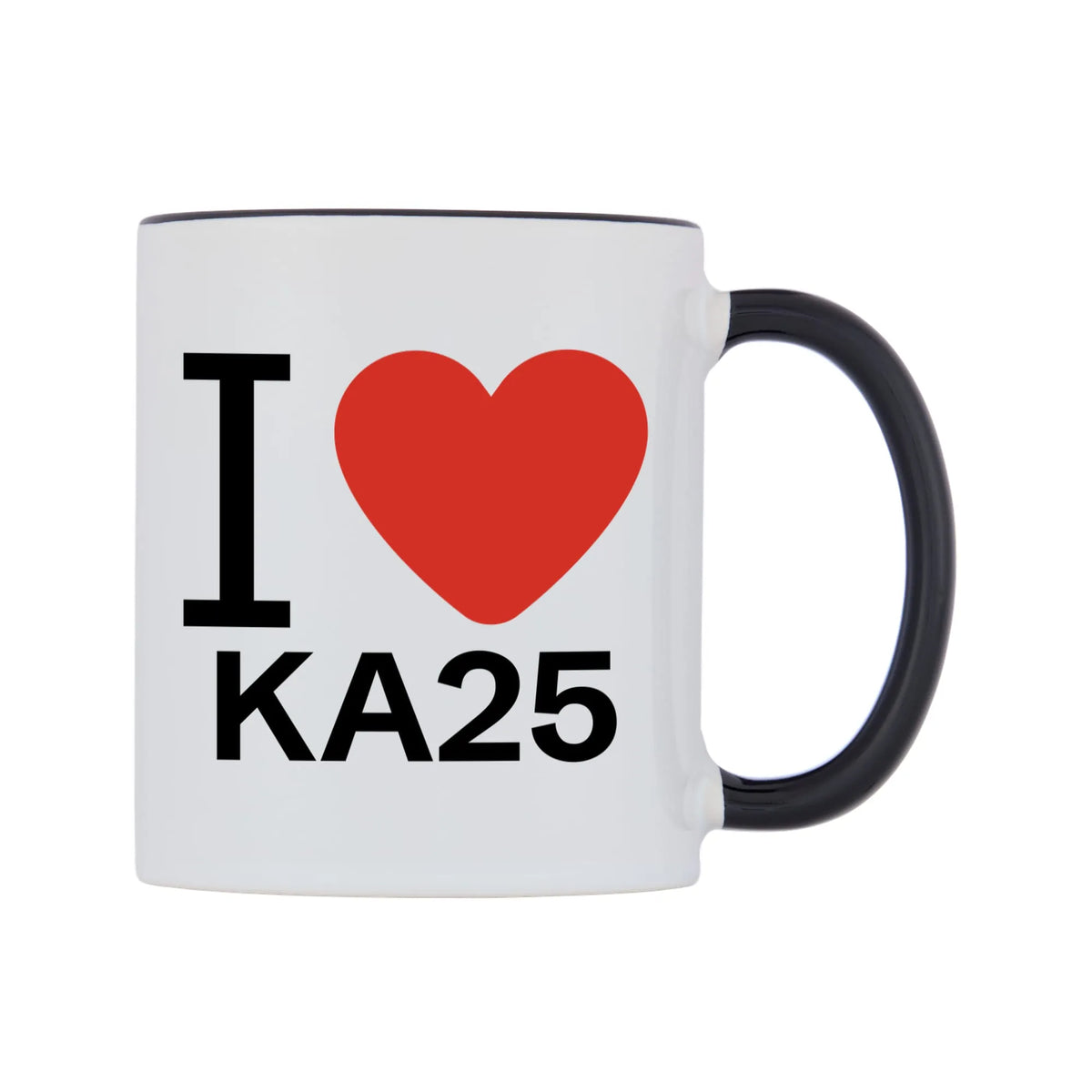 I Love KA25 Mug — white 11oz gloss mug with a black inside and handle, left side, on a white background