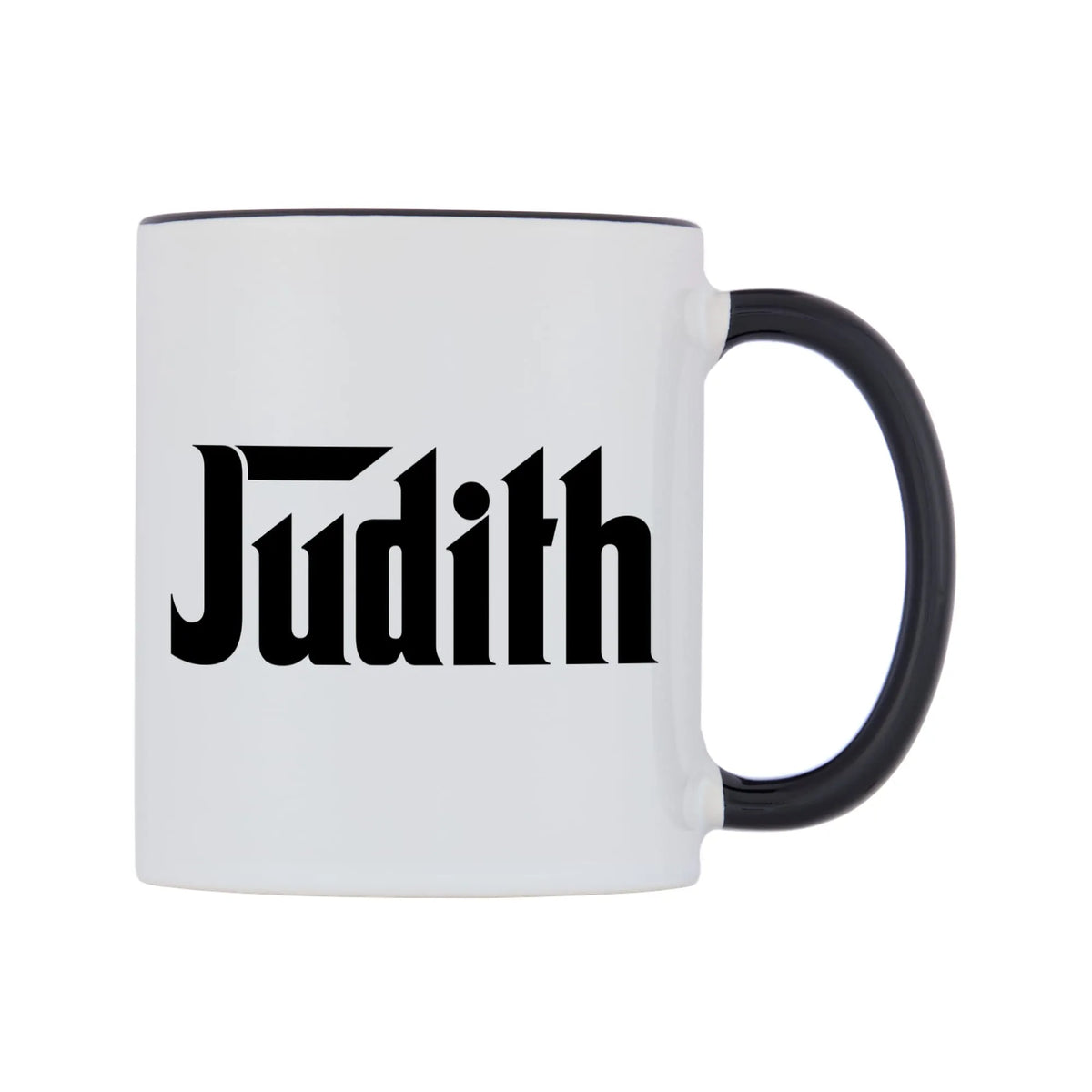 Judith - Godfather Themed Mug — white 11oz gloss mug with a black inside and handle, left side, on a white background