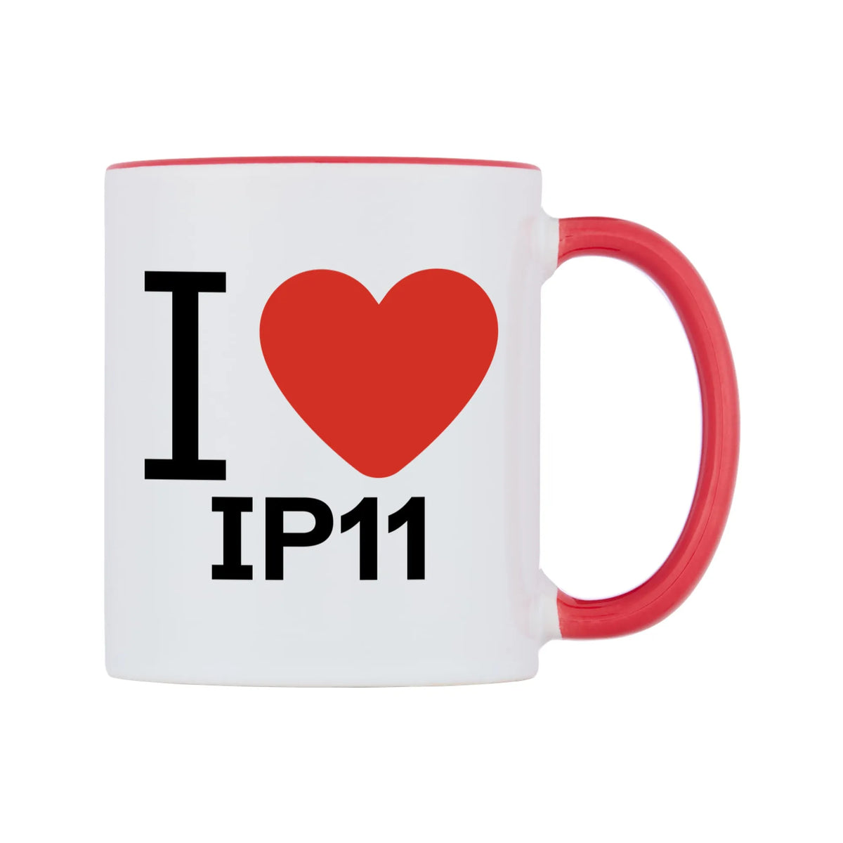 I Love IP11 Mug — white 11oz gloss mug with a red inside and handle, left side, on a white background