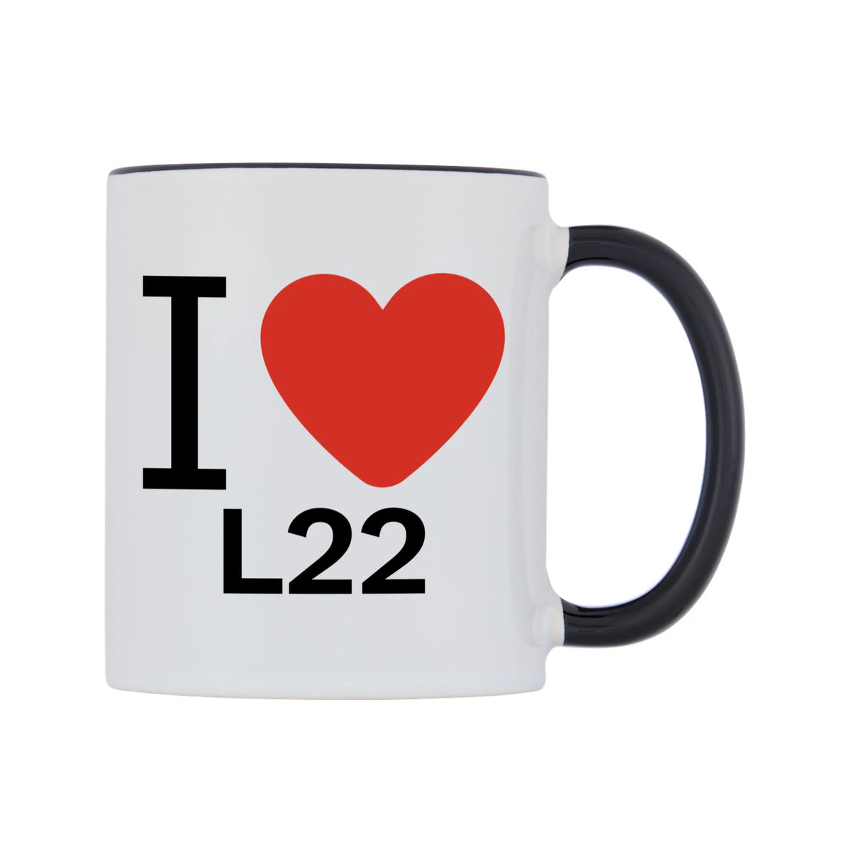 I Love L22 Mug — white 11oz gloss mug with a black inside and handle, left side, on a white background