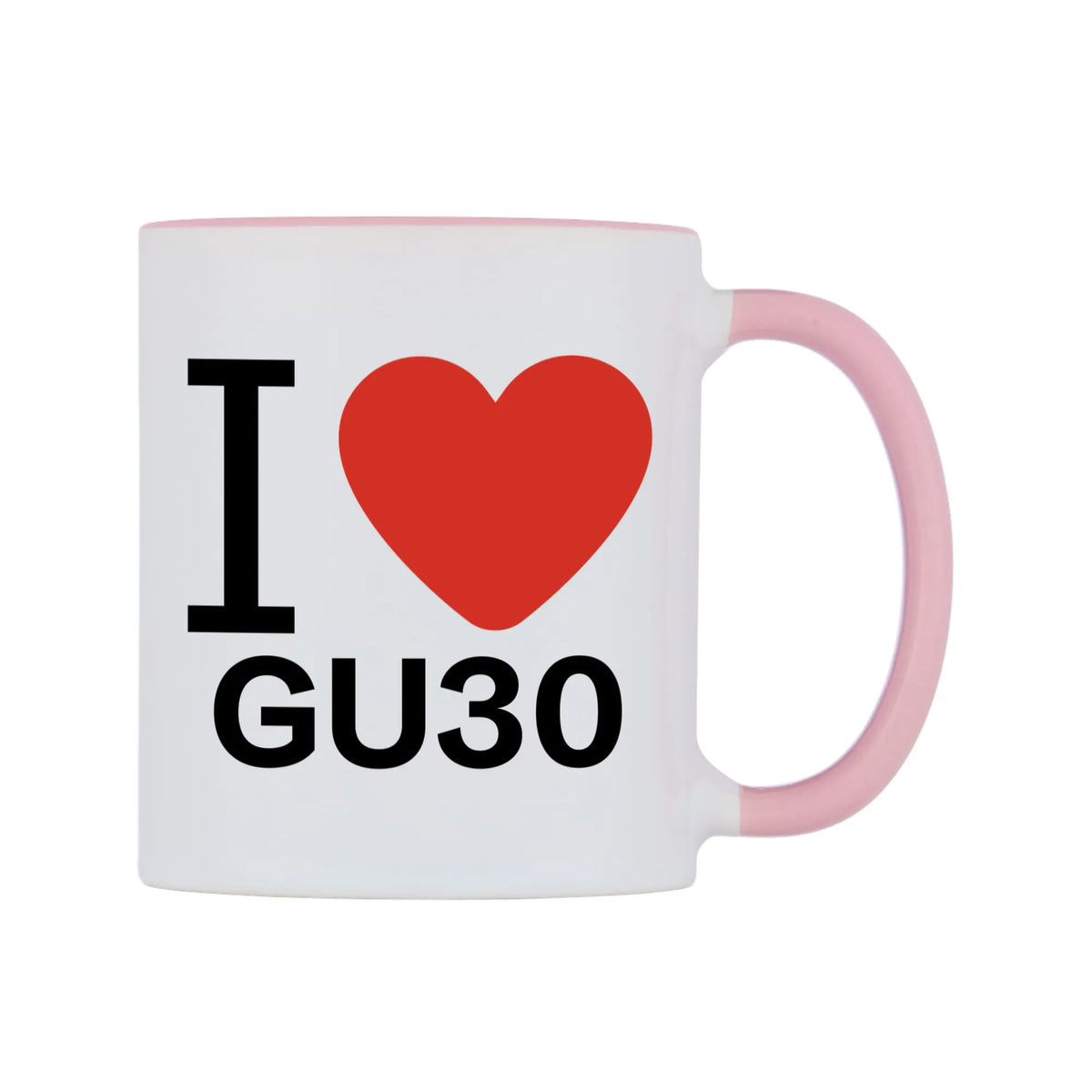 I Love GU30 Mug — white 11oz gloss mug with a pink inside and handle, left side, on a white background