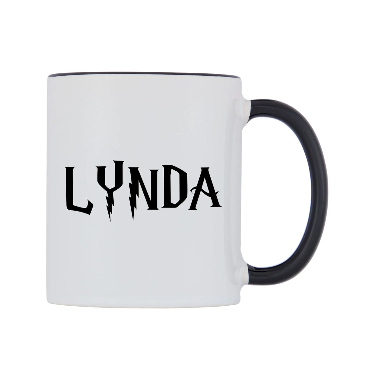 Lynda - Wizard Themed Mug — white 11oz gloss mug with a black inside and handle, left side, on a white background