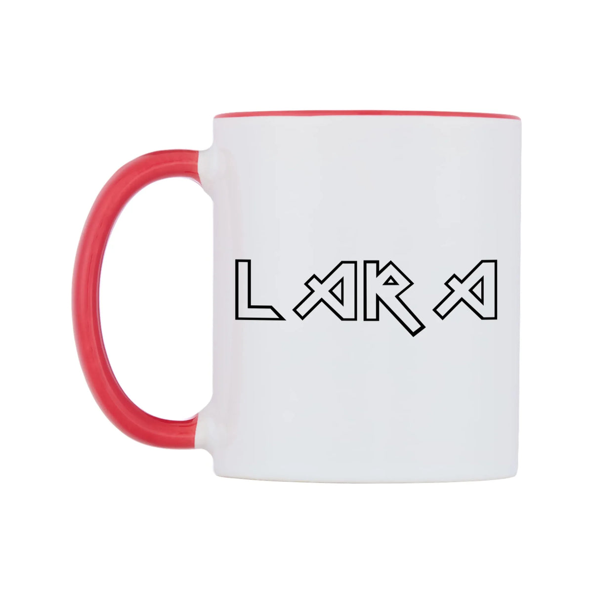 Lara - Iron Maiden Themed Mug — white 11oz gloss mug with a red inside and handle, right side, on a white background
