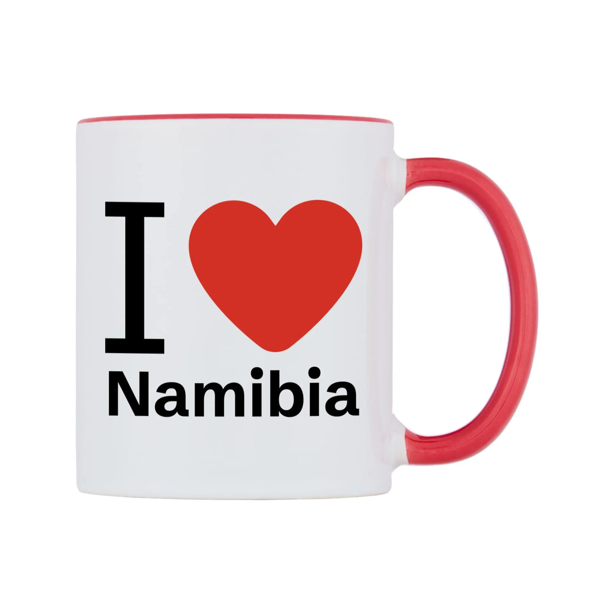 I Love Namibia Mug — white 11oz gloss mug with a red inside and handle, left side, on a white background