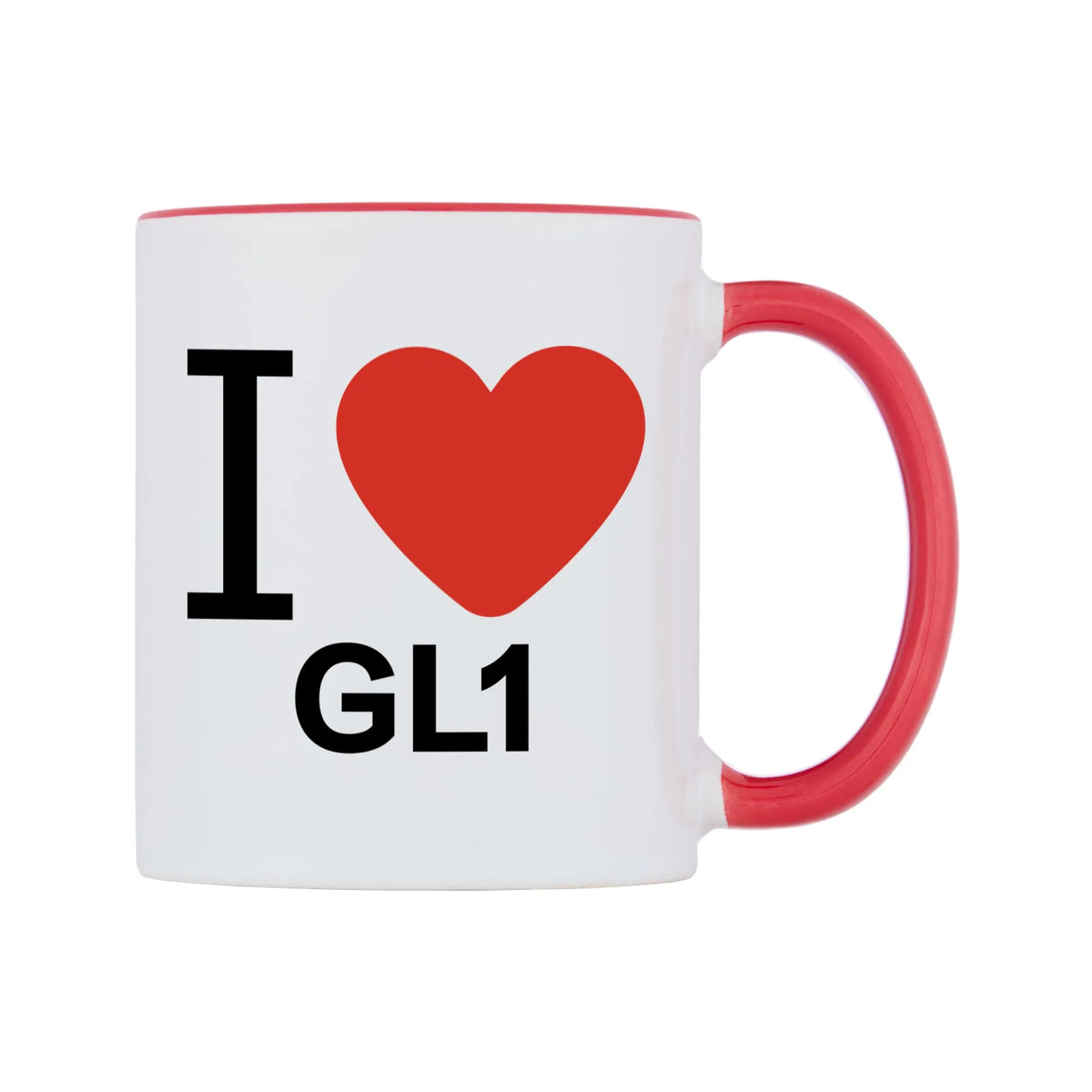 I Love GL1 Mug — white 11oz gloss mug with a red inside and handle, left side, on a white background