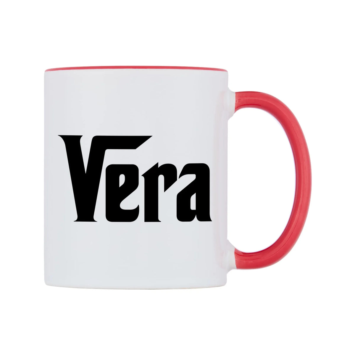 Vera - Godfather Themed Mug — white 11oz gloss mug with a red inside and handle, left side, on a white background