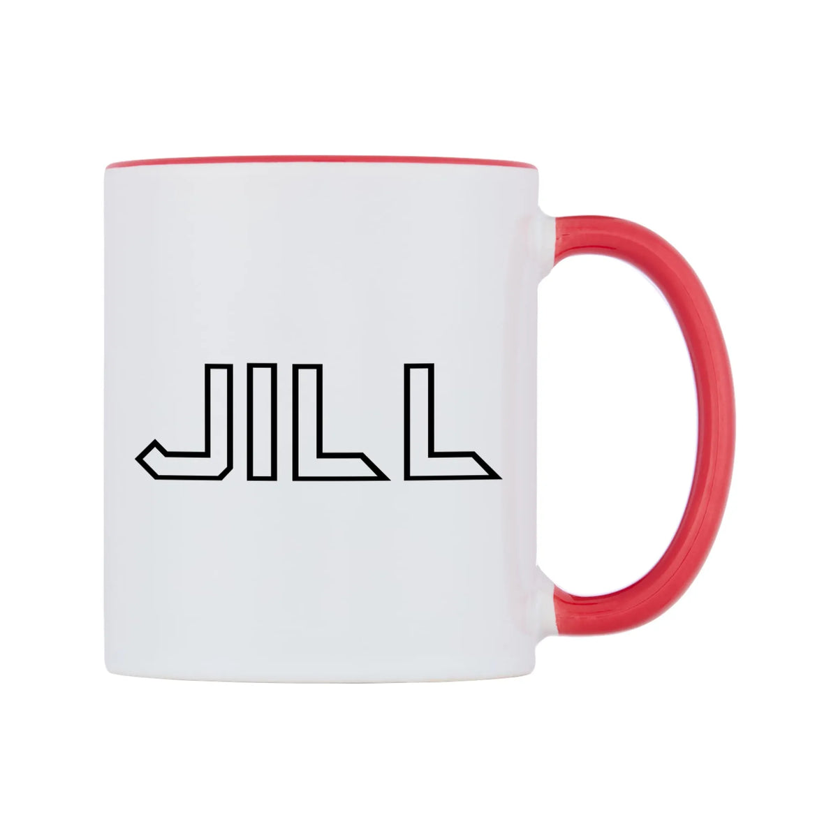 Jill - Iron Maiden Themed Mug — white 11oz gloss mug with a red inside and handle, left side, on a white background