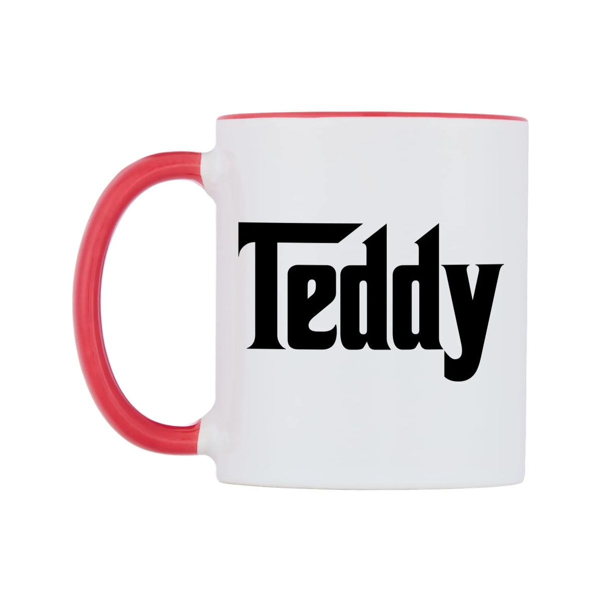 Teddy - Godfather Themed Mug — white 11oz gloss mug with a red inside and handle, right side, on a white background