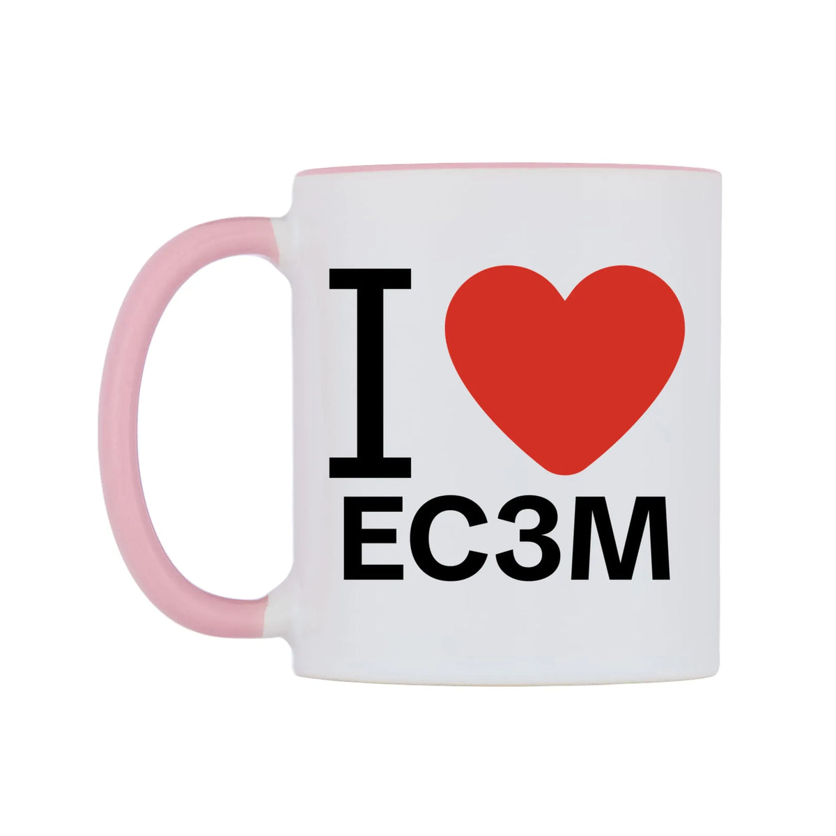 I Love EC3M Mug — white 11oz gloss mug with a pink inside and handle, right side, on a white background