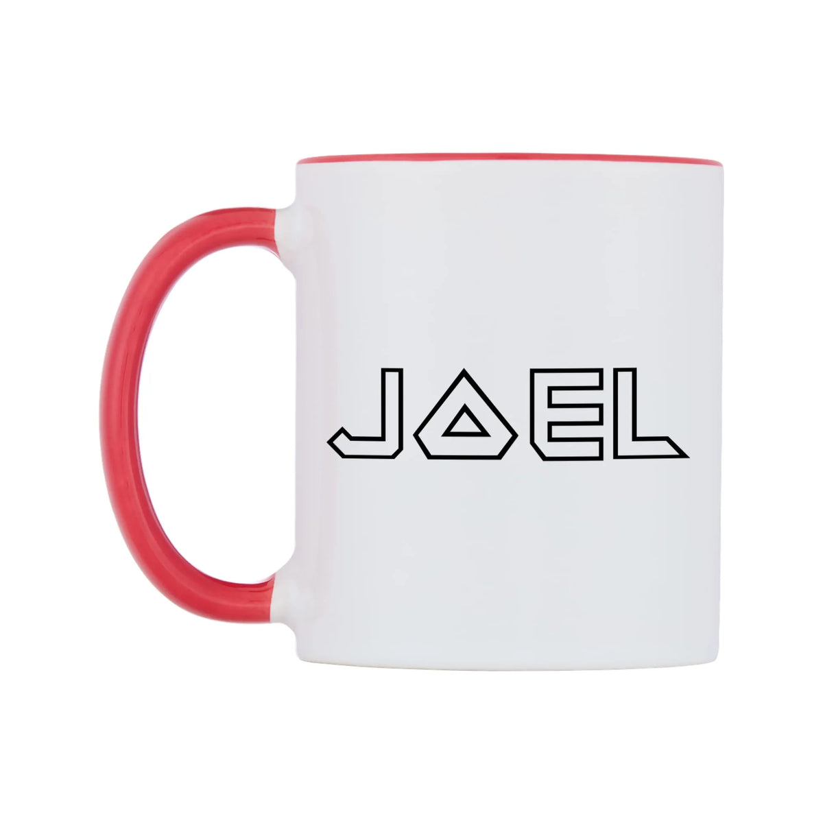 Joel - Iron Maiden Themed Mug — white 11oz gloss mug with a red inside and handle, right side, on a white background