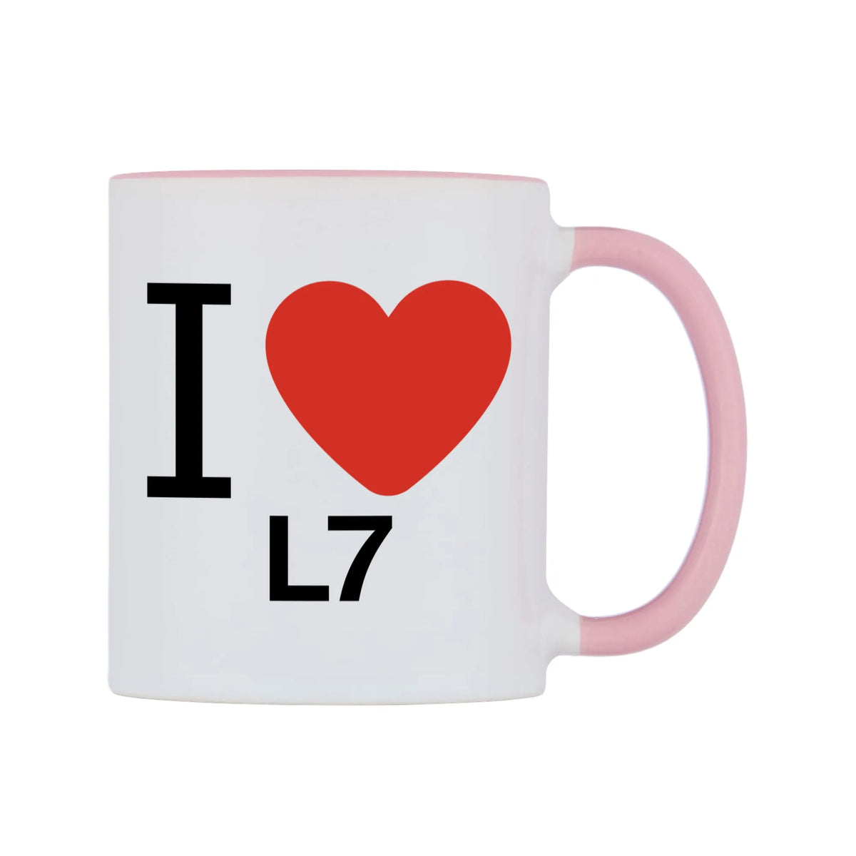 I Love L7 Mug — white 11oz gloss mug with a pink inside and handle, left side, on a white background