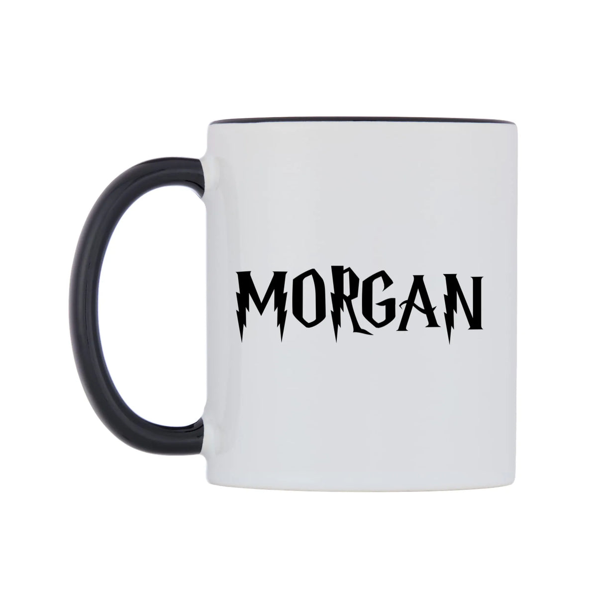 Morgan - Wizard Themed Mug — white 11oz gloss mug with a black inside and handle, right side, on a white background