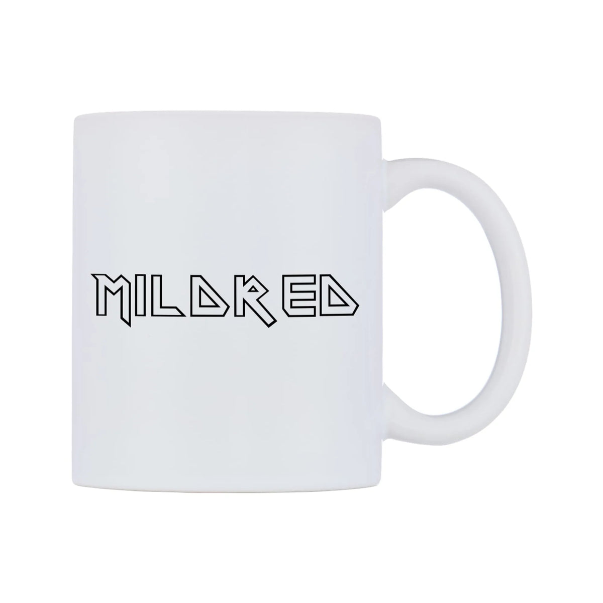 Mildred - Iron Maiden Themed Mug — white 11oz gloss mug, left side, on a white background