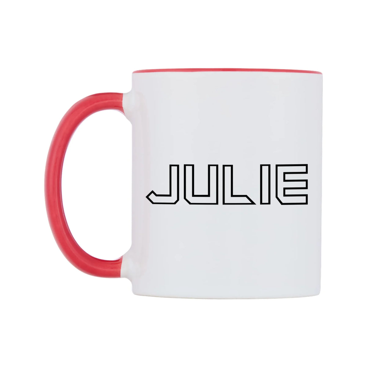 Julie - Iron Maiden Themed Mug — white 11oz gloss mug with a red inside and handle, right side, on a white background