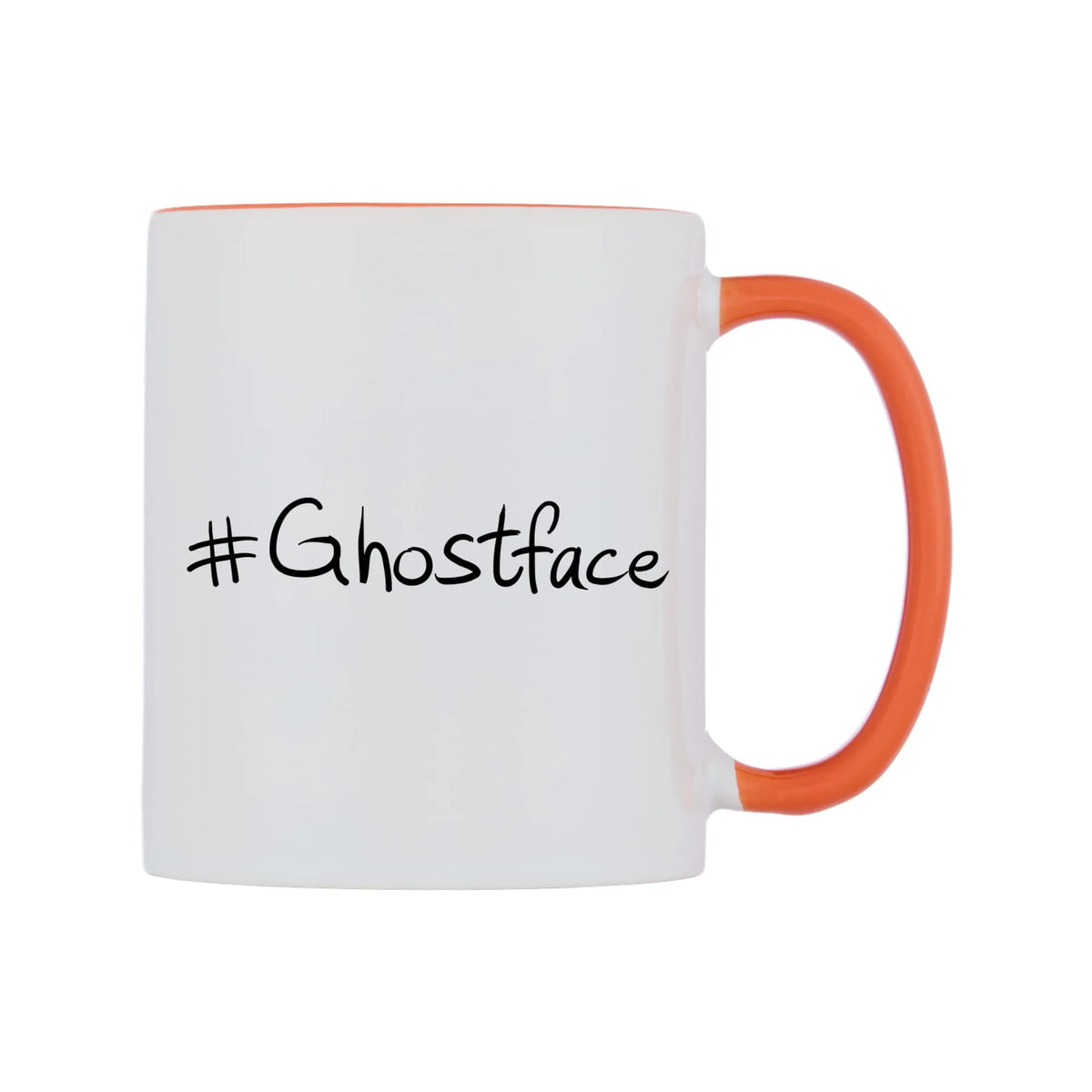 Ghostface Mug — white 11oz gloss mug with a orange inside and handle, left side, on a white background