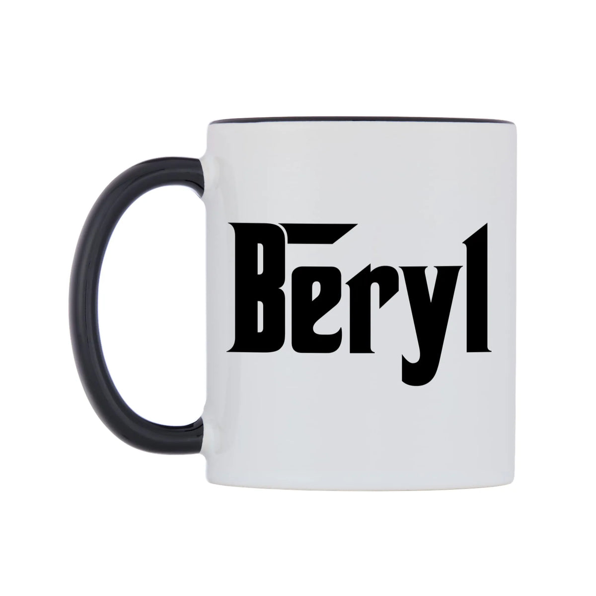 Beryl - Godfather Themed Mug — white 11oz gloss mug with a black inside and handle, right side, on a white background
