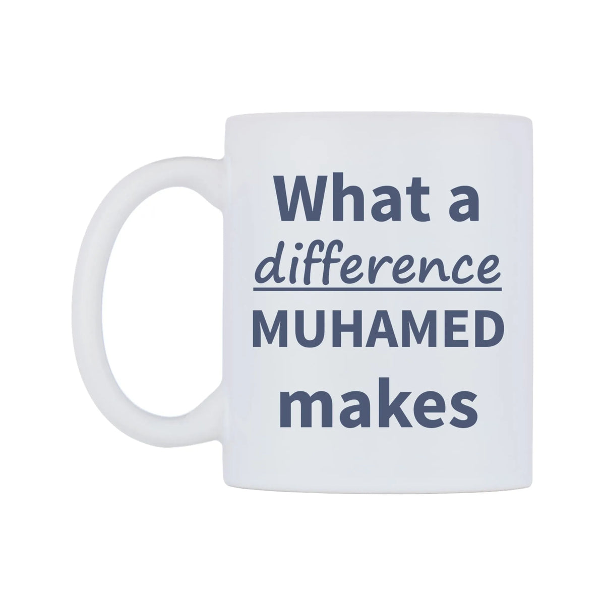 What a difference MUHAMED makes Mug — mug, right side, on a white background