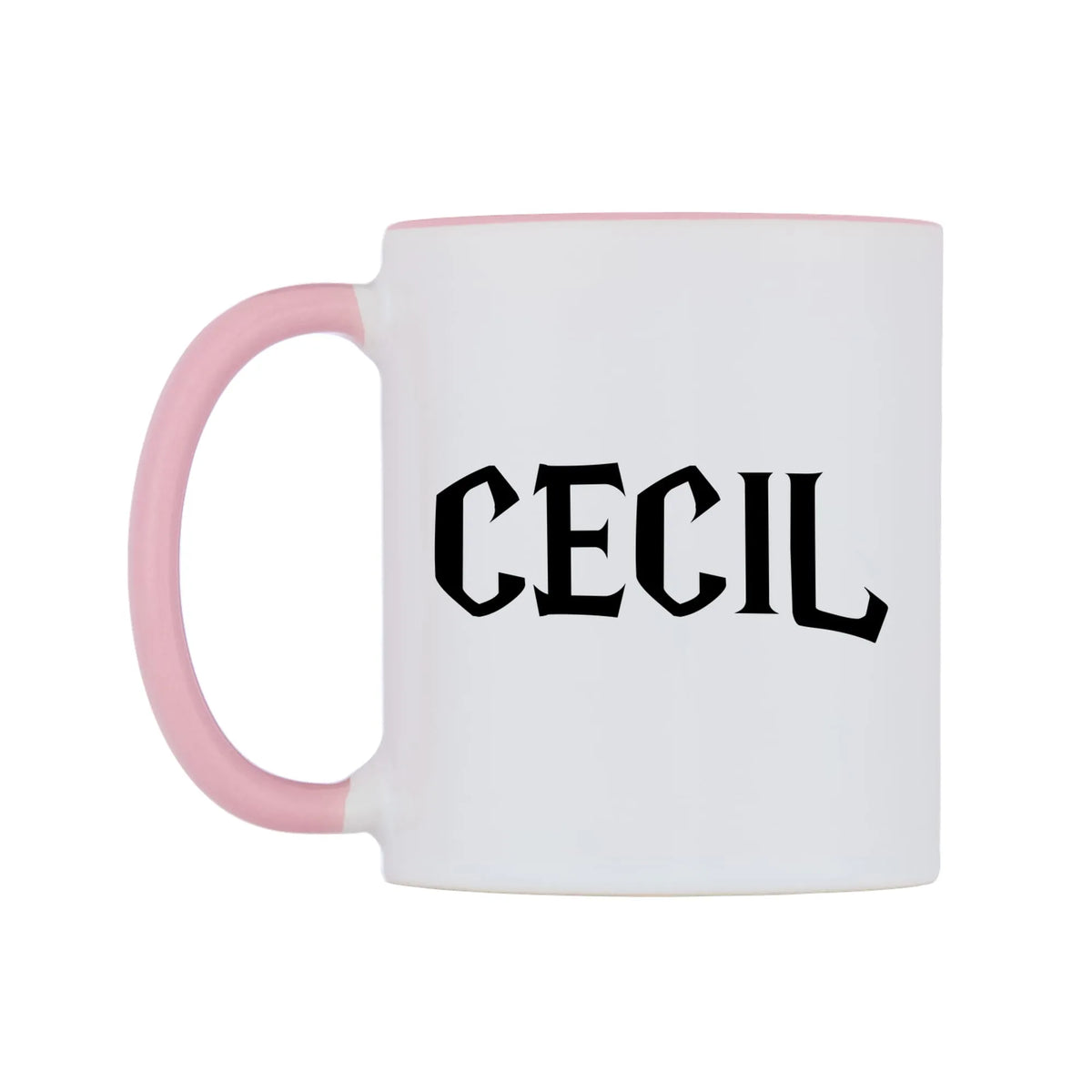 Cecil - Wizard Themed Mug — white 11oz gloss mug with a pink inside and handle, right side, on a white background