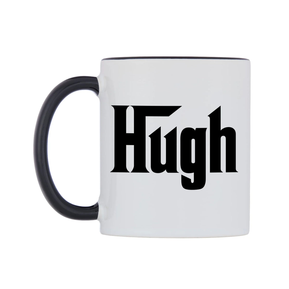 Hugh - Godfather Themed Mug — white 11oz gloss mug with a black inside and handle, right side, on a white background