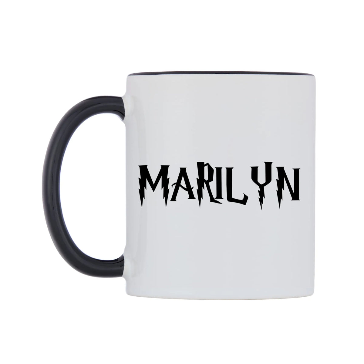 Marilyn - Wizard Themed Mug — white 11oz gloss mug with a black inside and handle, right side, on a white background