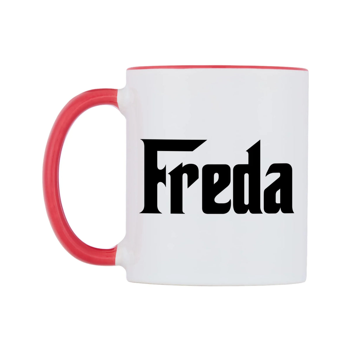Freda - Godfather Themed Mug — white 11oz gloss mug with a red inside and handle, right side, on a white background