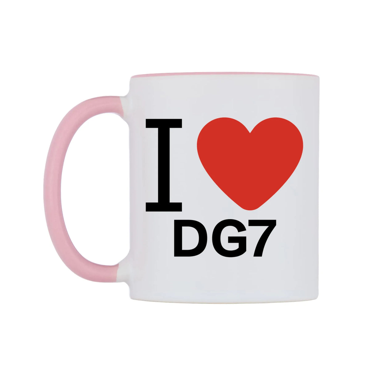 I Love DG7 Mug — white 11oz gloss mug with a pink inside and handle, right side, on a white background