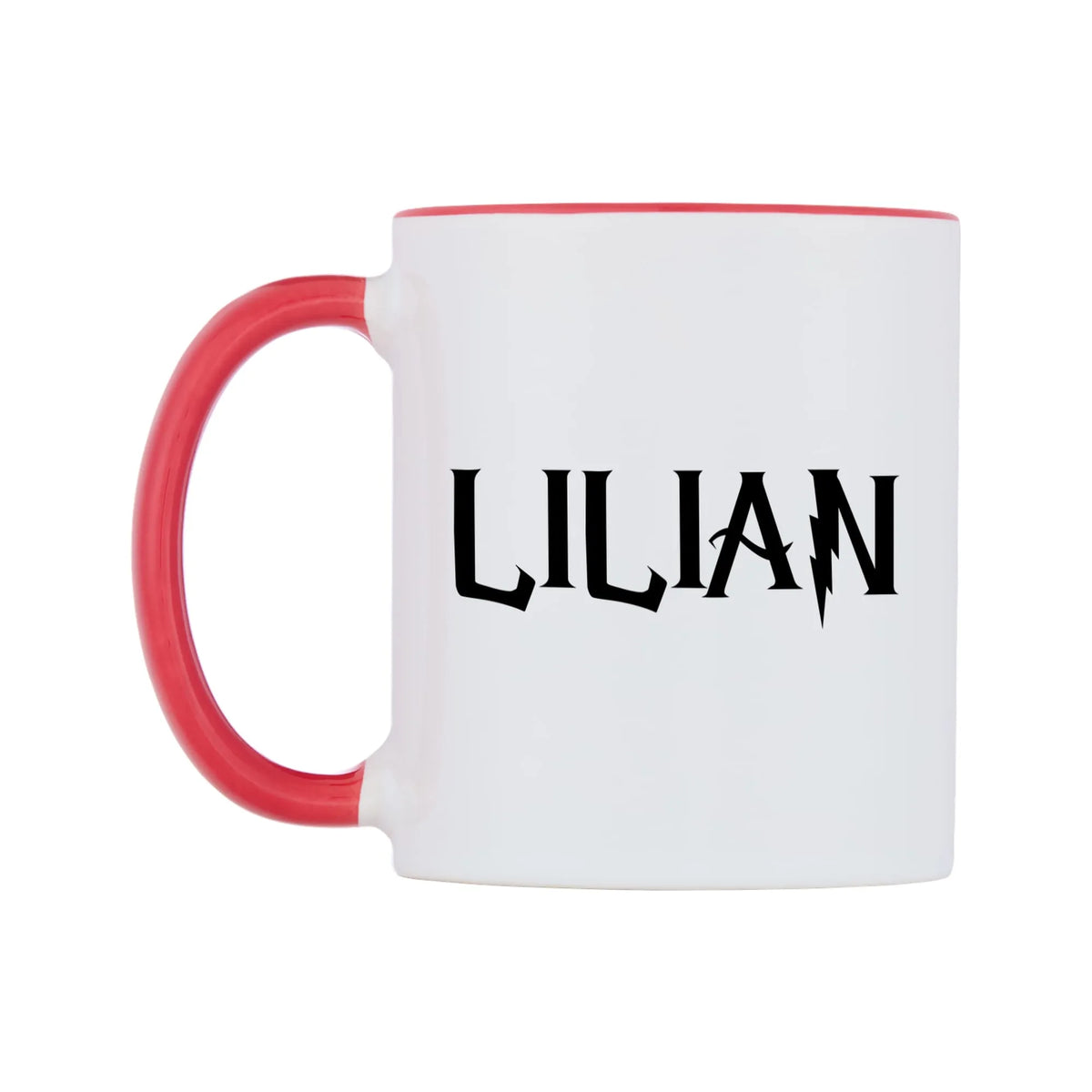 Lilian - Wizard Themed Mug — white 11oz gloss mug with a red inside and handle, right side, on a white background