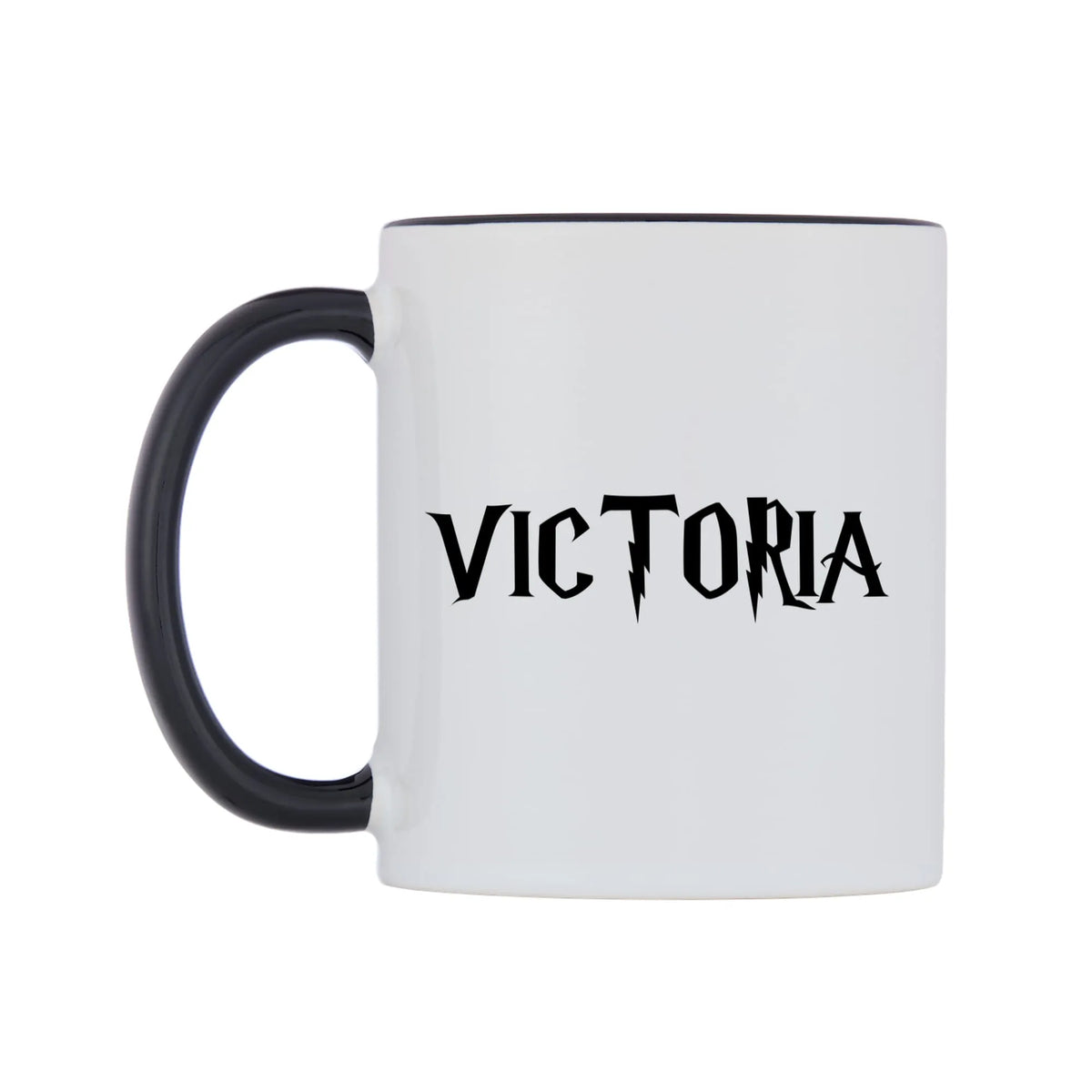 Victoria - Wizard Themed Mug — white 11oz gloss mug with a black inside and handle, right side, on a white background