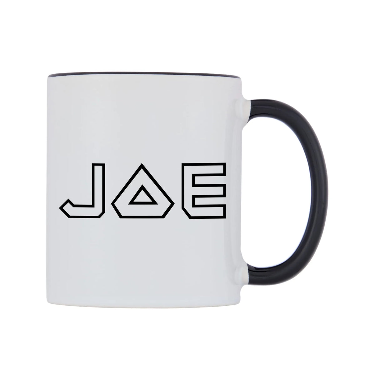 Joe - Iron Maiden Themed Mug — white 11oz gloss mug with a black inside and handle, left side, on a white background