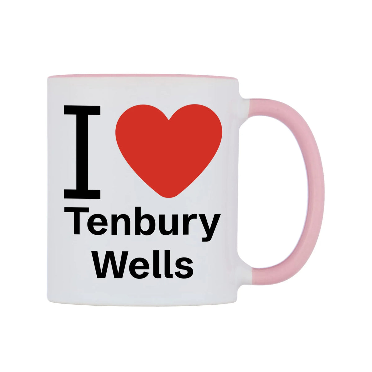 I Love Tenbury Wells Mug — white 11oz gloss mug with a pink inside and handle, left side, on a white background