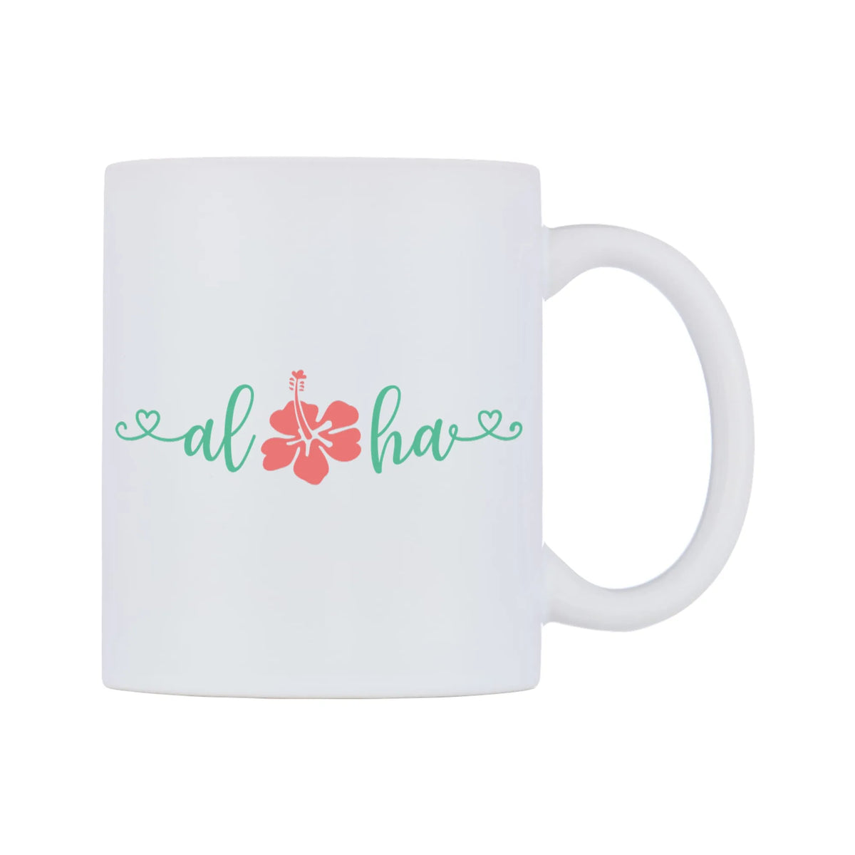 Aloha Mug — white 11oz gloss mug, left side, on a white background