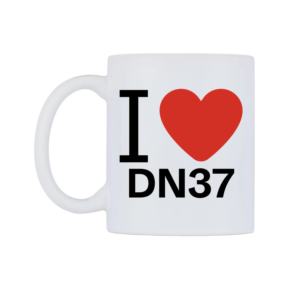 I Love DN37 Mug — white 11oz gloss mug, right side, on a white background