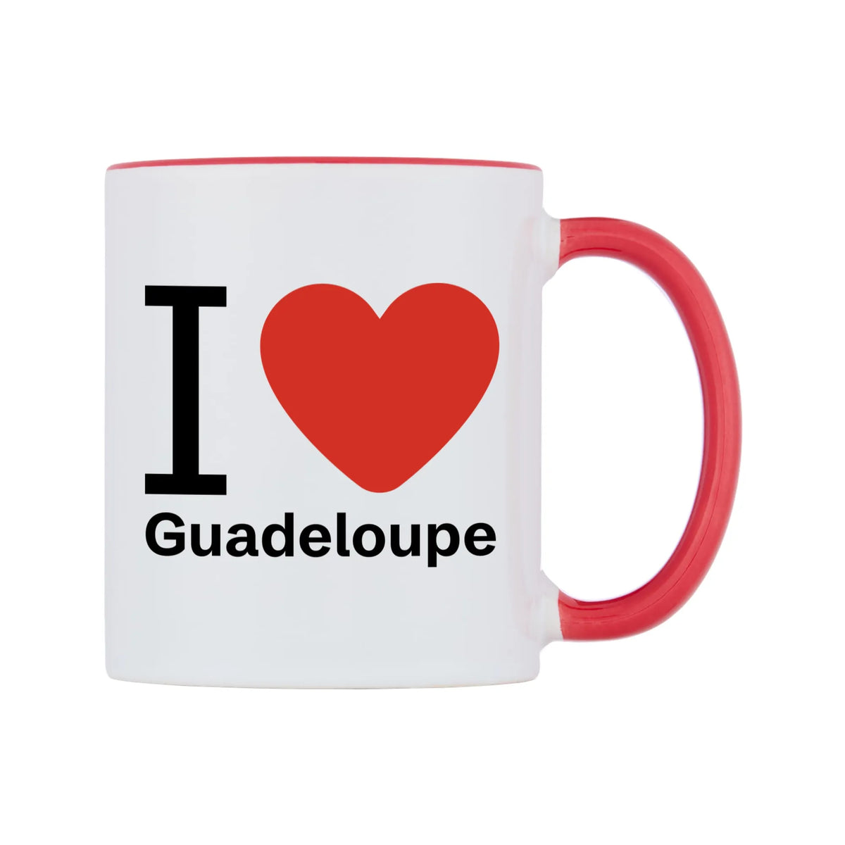 I Love Guadeloupe Mug — white 11oz gloss mug with a red inside and handle, left side, on a white background