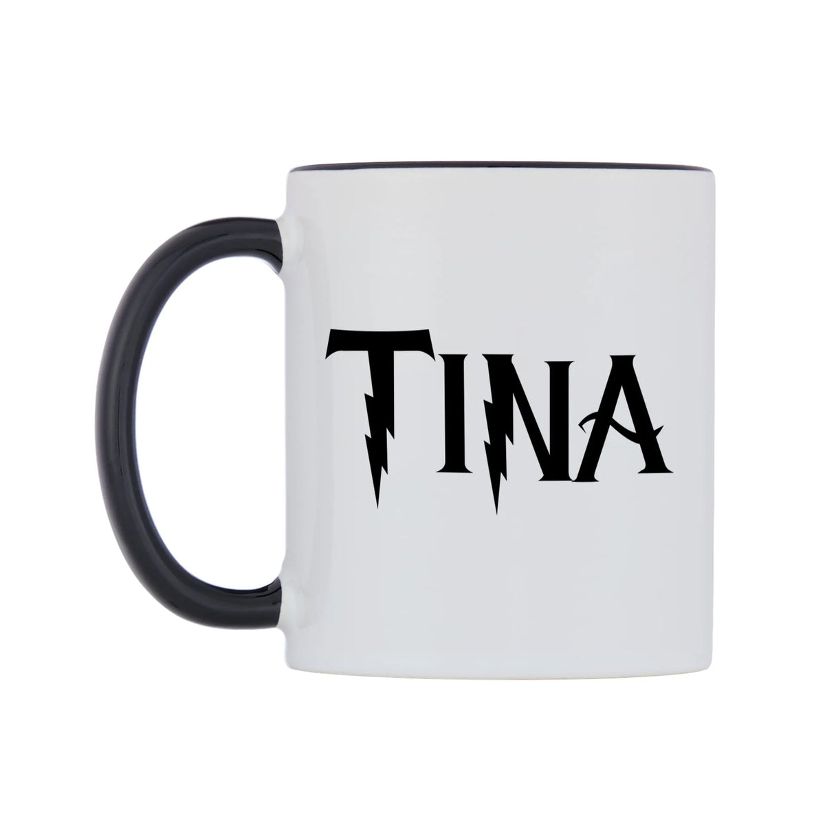 Tina - Wizard Themed Mug — white 11oz gloss mug with a black inside and handle, right side, on a white background