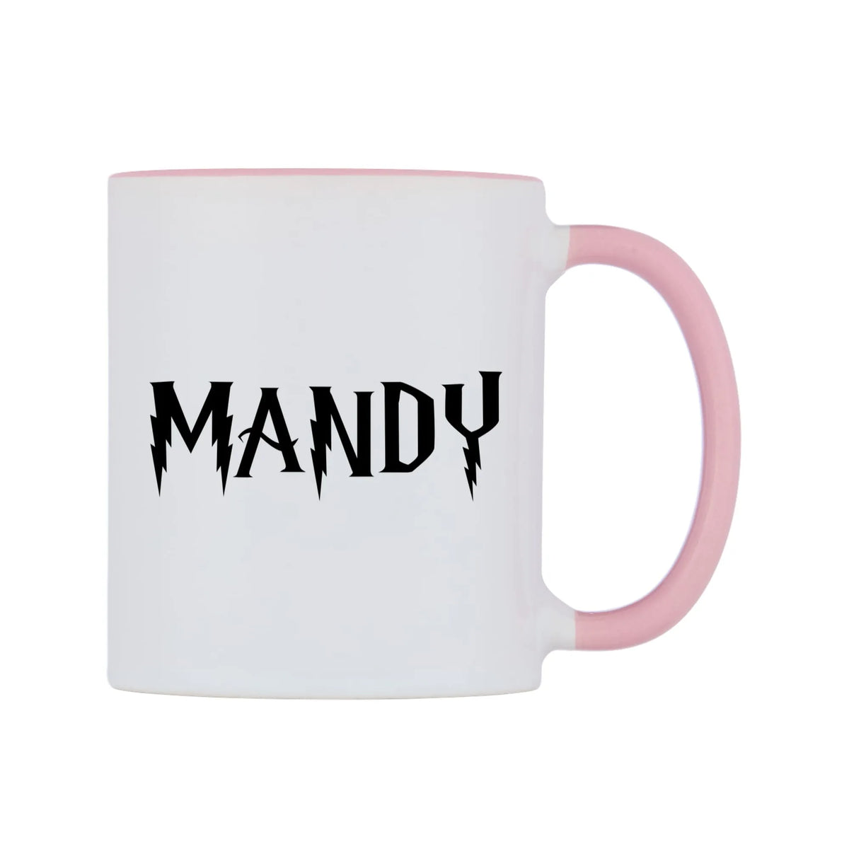 Mandy - Wizard Themed Mug — white 11oz gloss mug with a pink inside and handle, left side, on a white background