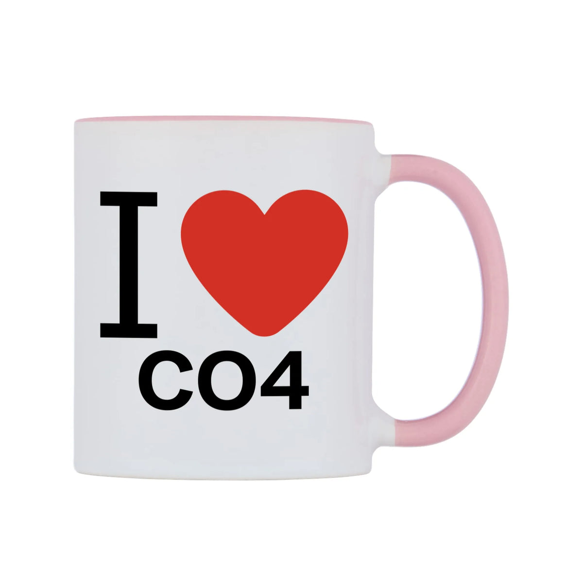 I Love CO4 Mug — white 11oz gloss mug with a pink inside and handle, left side, on a white background