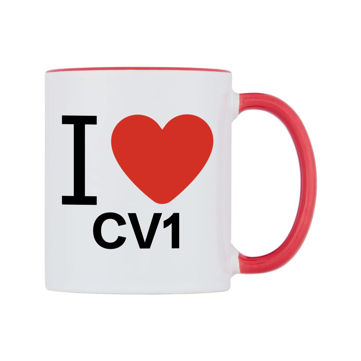 I Love CV1 Mug — white 11oz gloss mug with a red inside and handle, left side, on a white background
