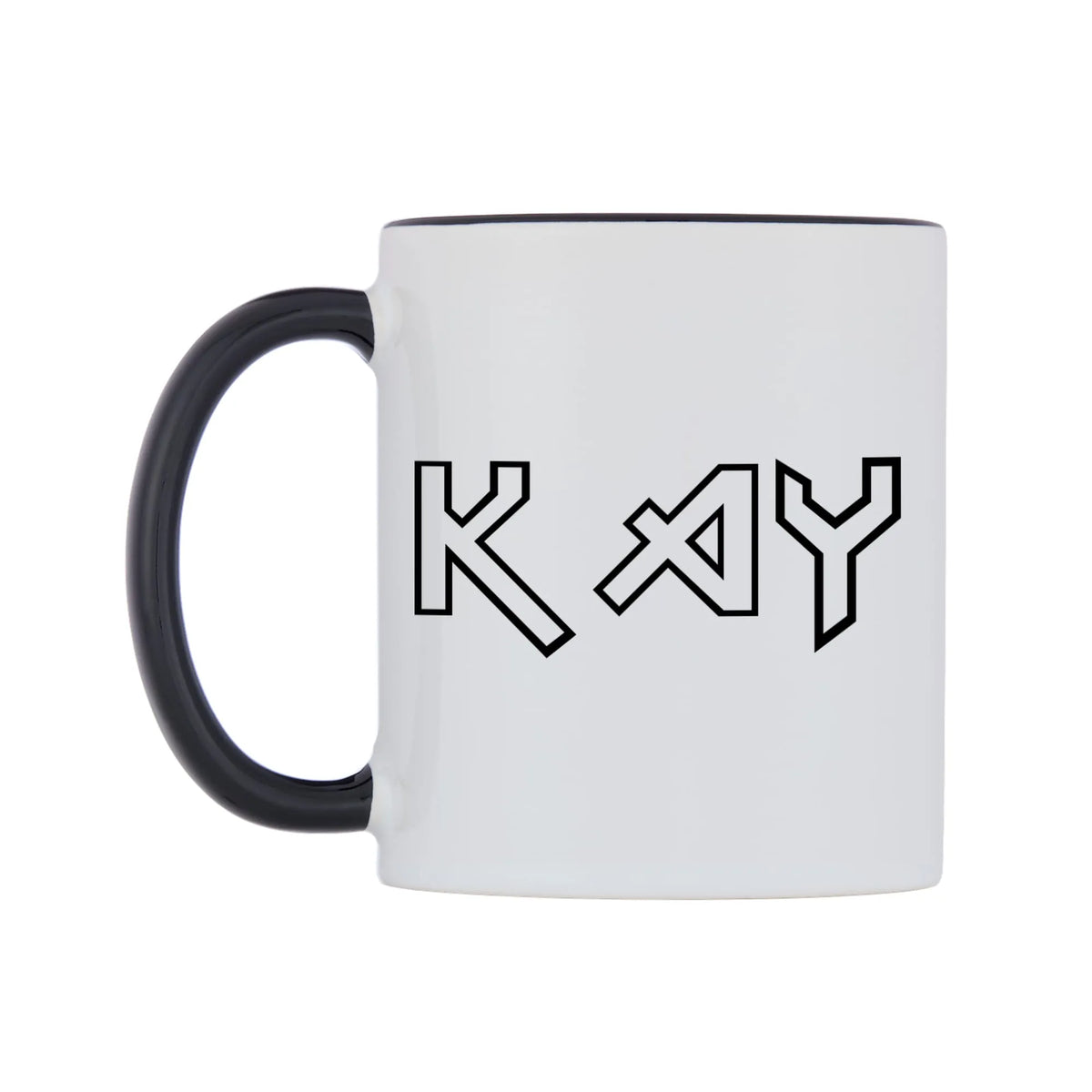 Kay - Iron Maiden Themed Mug — white 11oz gloss mug with a black inside and handle, right side, on a white background