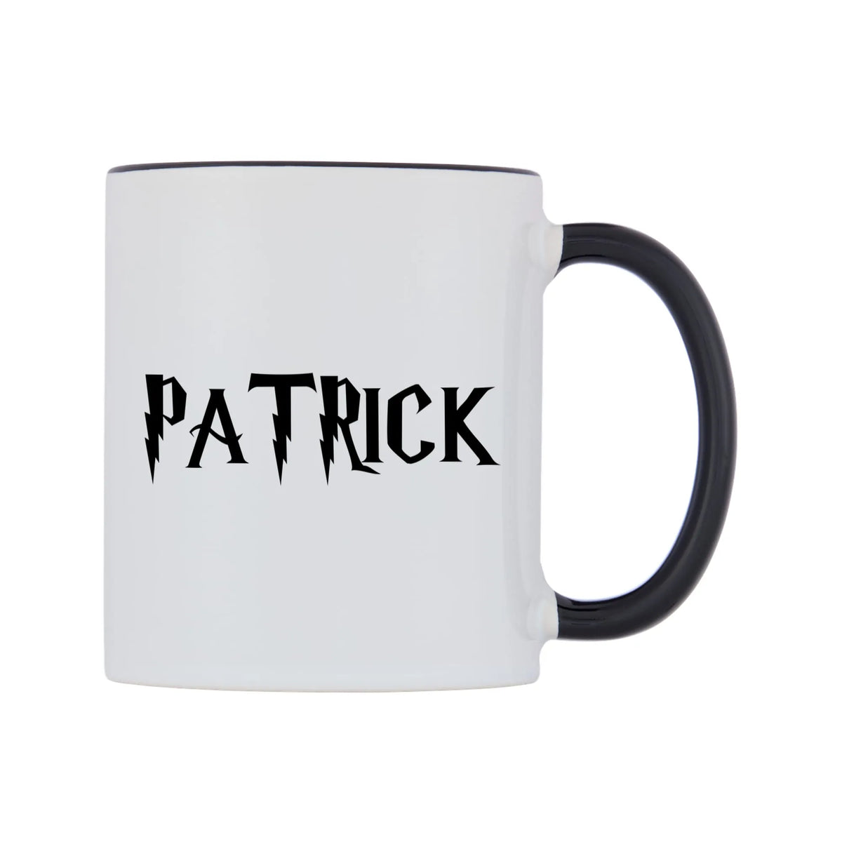 Patrick - Wizard Themed Mug — white 11oz gloss mug with a black inside and handle, left side, on a white background