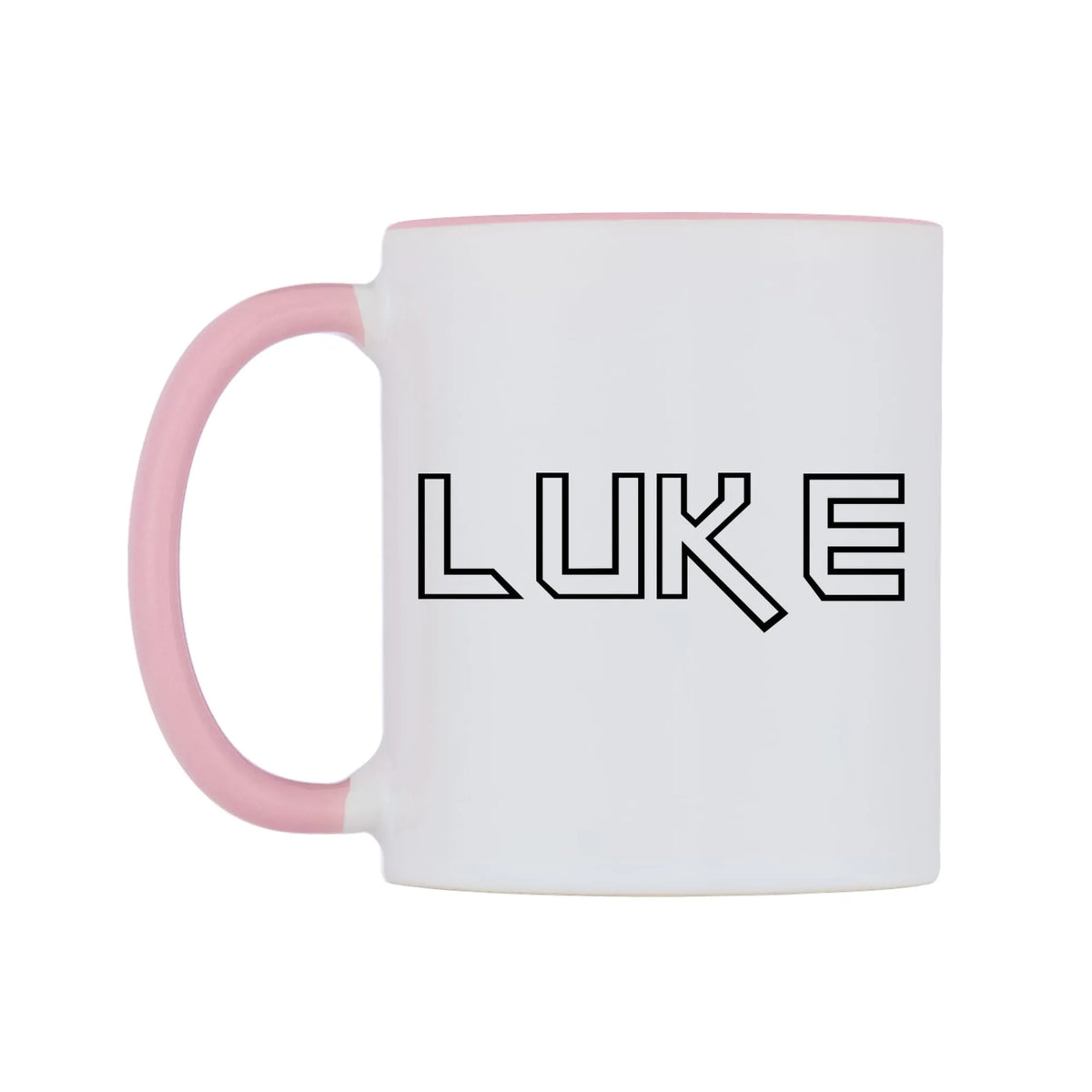 Luke - Iron Maiden Themed Mug — white 11oz gloss mug with a pink inside and handle, right side, on a white background