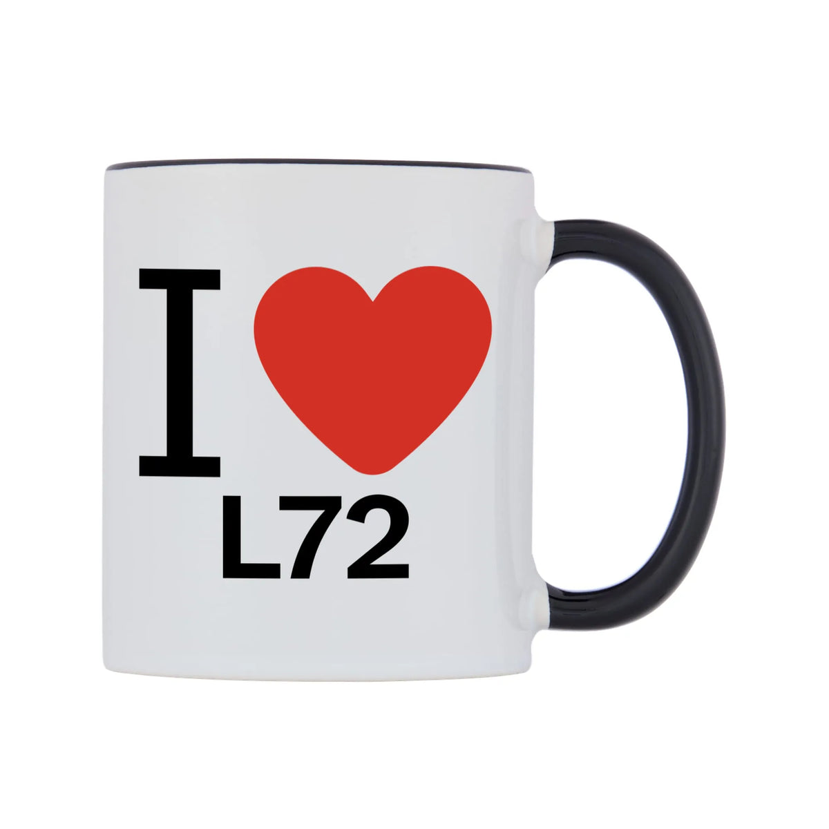 I Love L72 Mug — white 11oz gloss mug with a black inside and handle, left side, on a white background