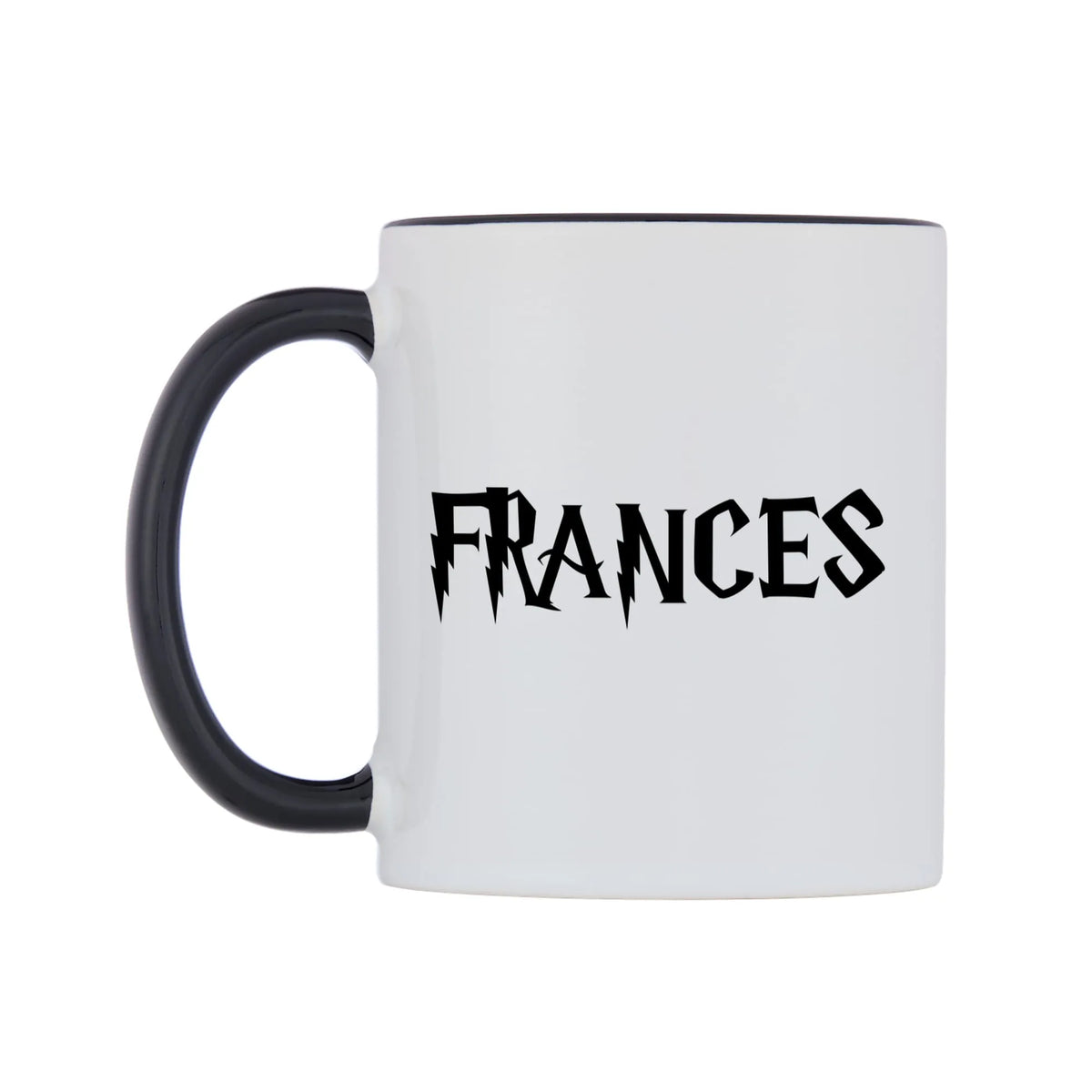 Frances - Wizard Themed Mug — white 11oz gloss mug with a black inside and handle, right side, on a white background