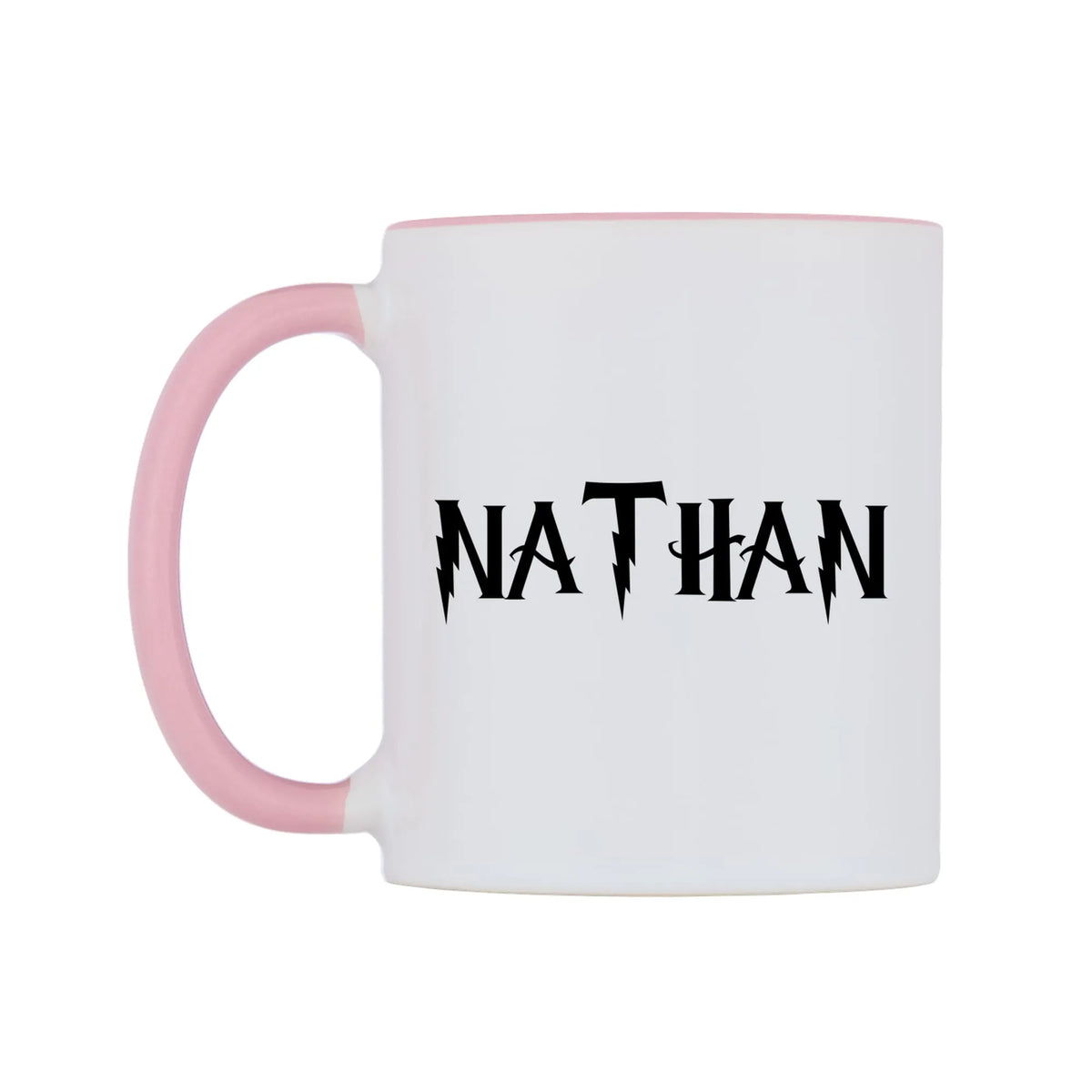 Nathan - Wizard Themed Mug — white 11oz gloss mug with a pink inside and handle, right side, on a white background