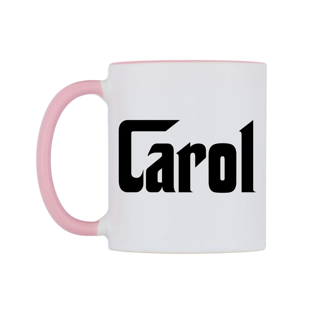 Carol - Godfather Themed Mug — white 11oz gloss mug with a pink inside and handle, right side, on a white background