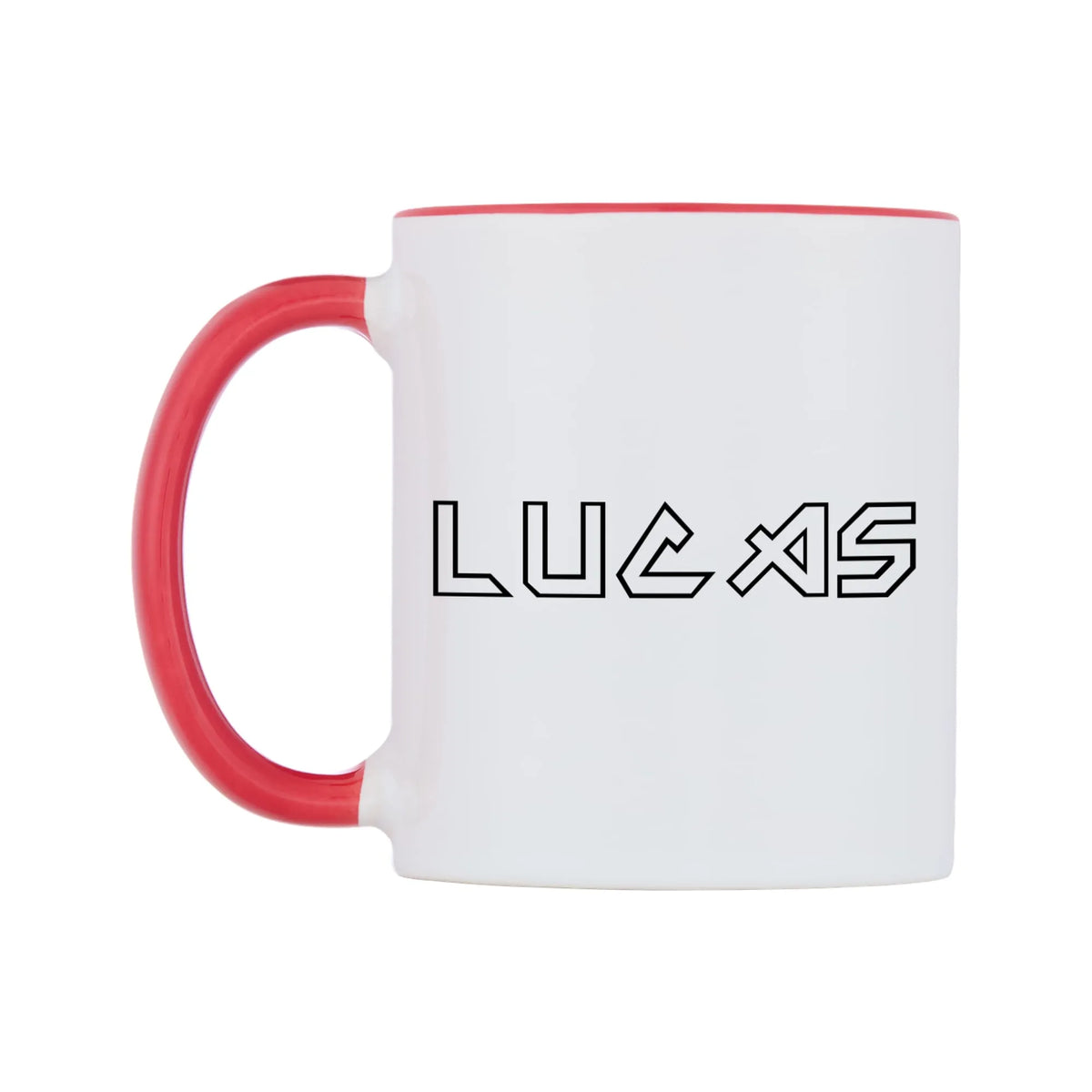 Lucas - Iron Maiden Themed Mug — white 11oz gloss mug with a red inside and handle, right side, on a white background