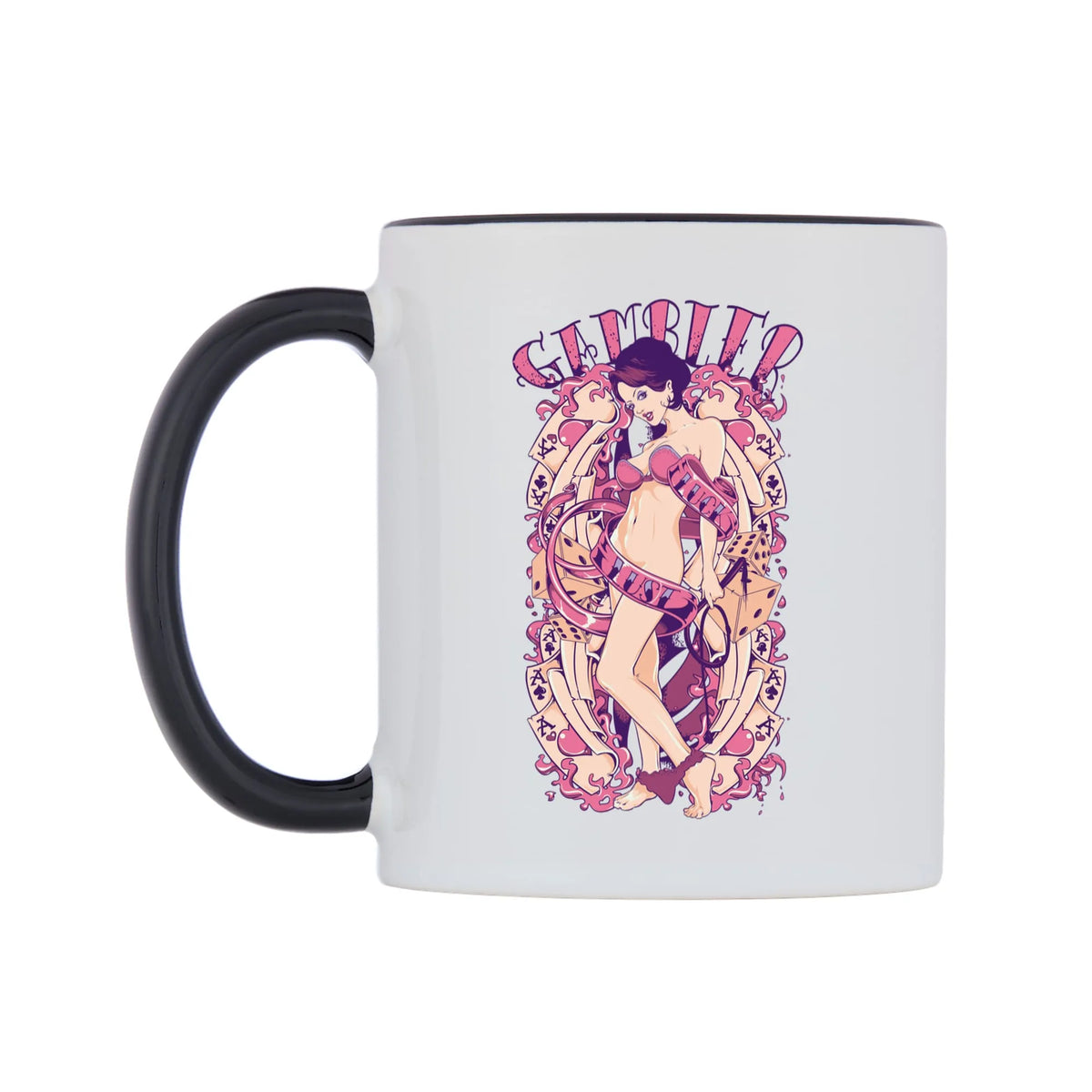 Gambler of Luck and Lust Mug — white 11oz gloss mug with a black inside and handle, right side, on a white background