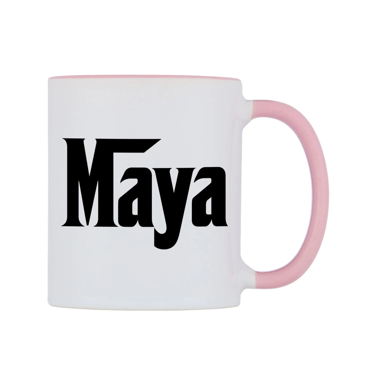 Maya - Godfather Themed Mug — white 11oz gloss mug with a pink inside and handle, left side, on a white background